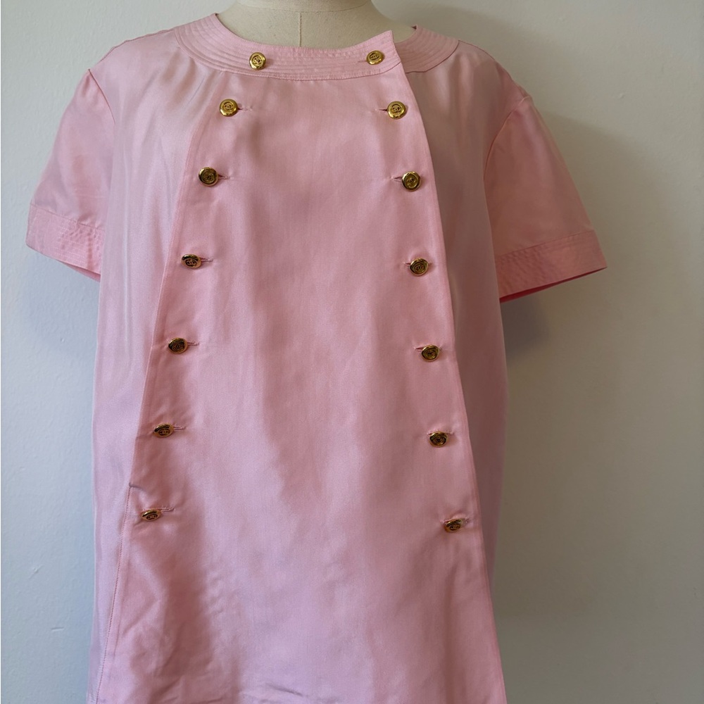 Vintage CHANEL CC gold accent buttons, pink silk blouse